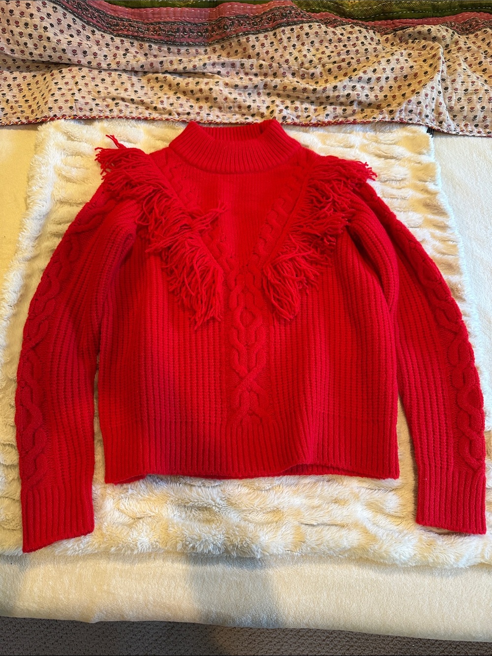 Tuckernuck Red Fringe Cable Turtleneck Sweater